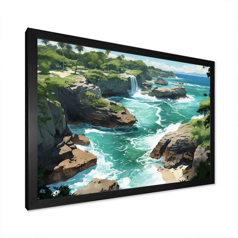 Vue aérienne côtière de l'île, sérénité, art mural tropical côtier, Cadre d'angle fermé noir, H 12 po x l 20 po x P 1 po