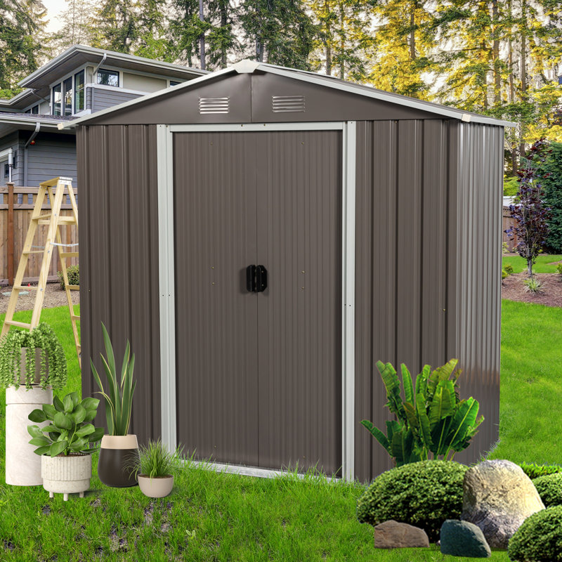 Galvanized Steel Outdoor Shed With Sliding Doors And Hooks, 8Ft X 4Ft, Gray Iron Enduring Panels,, Gray