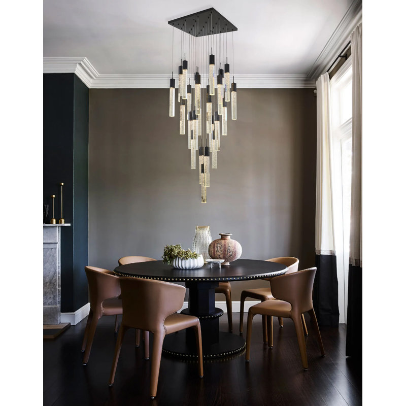 Lustre en métal noir 25 lumières avec cristaux transparents, Noir et or, H 19,6 po x l 27,5 po x P 27,5 po, 25