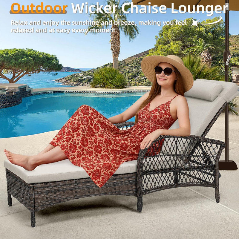 2-Piece Outdoor Wicker Lounge Chairs With Cushion, Rattan Patio Chaise Loungers With 6-Level Backrest, All Weather Lay Flat Pool Sunbathing Recliner Chair, Armrest And Head Pillow, Beige