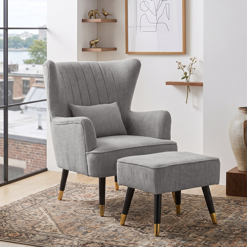 Upholstered With Footstool Wingback Chair, Chenille, Grey