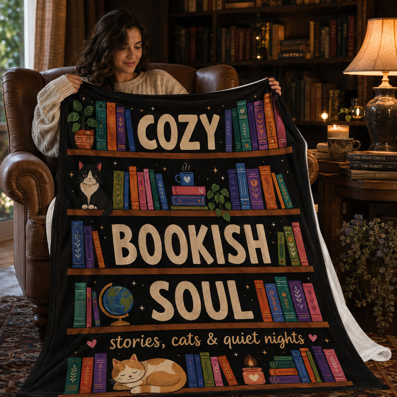 Couverture douillette « Âme de lecteur » avec motif d'étagère colorée, couverture en flanelle pour les amateurs de lecture, ornée de chats, de plantes, de café et d'éléments littéraires, 152 x 203 cm