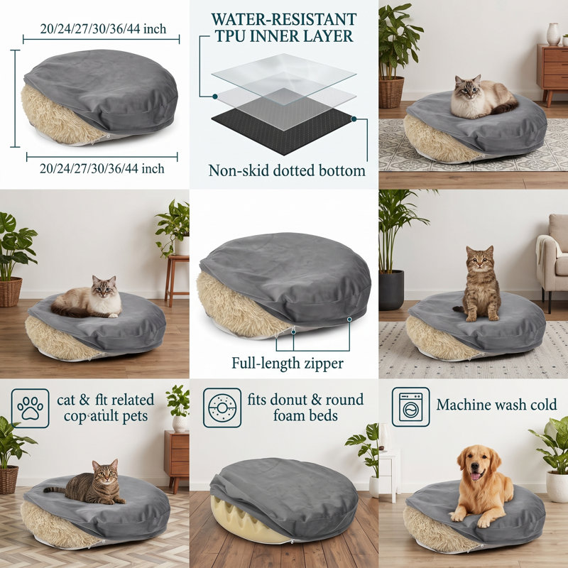 Housse de remplacement pour lit de beignet en velours gris 24 po, housse de lit ronde en fausse fourrure imperméable pour chien seulement