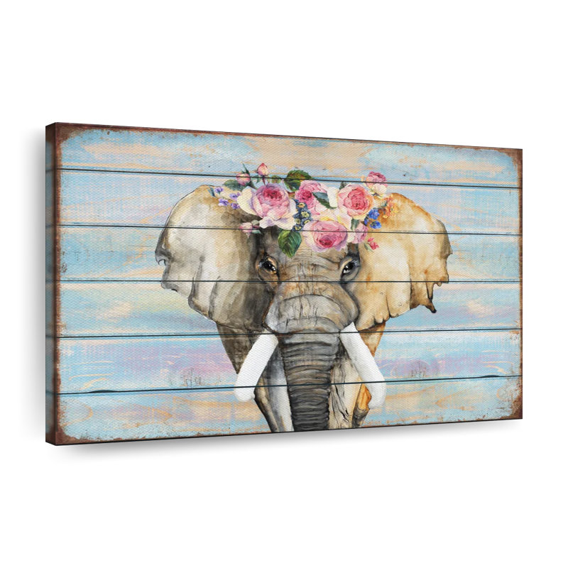 Éléphant, couronne florale sur toile, H 16 po x l 24 po x P 1,25 po