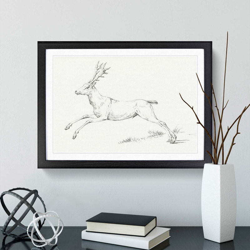 Jumping Deer Stag by Jean Bernard - Picture Frame Drawing Print, Black Framed, 27cm H x 36cm W x 2cm D