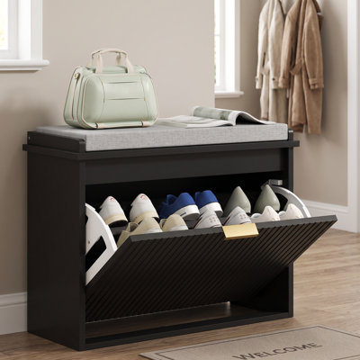 Banc de rangement pour chaussures 6 paires avec coussin et tiroir rabattable, banc d'entrée, armoire à chaussures, 24,4 x 10,2 x 18,7 pouces