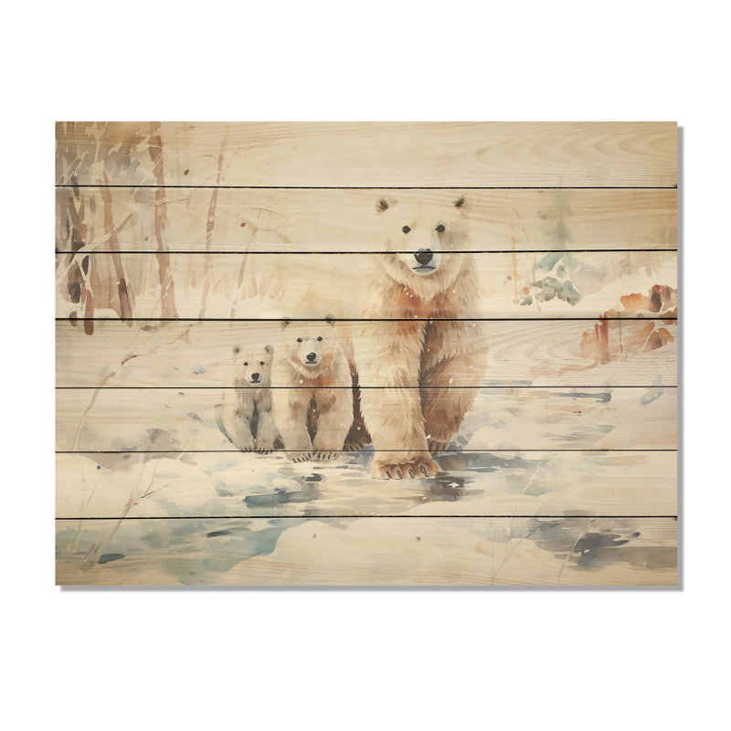 Ours polaires des neiges en hiver III - Ours sur bois, H 10 po x l 20 po x P 0,78 po