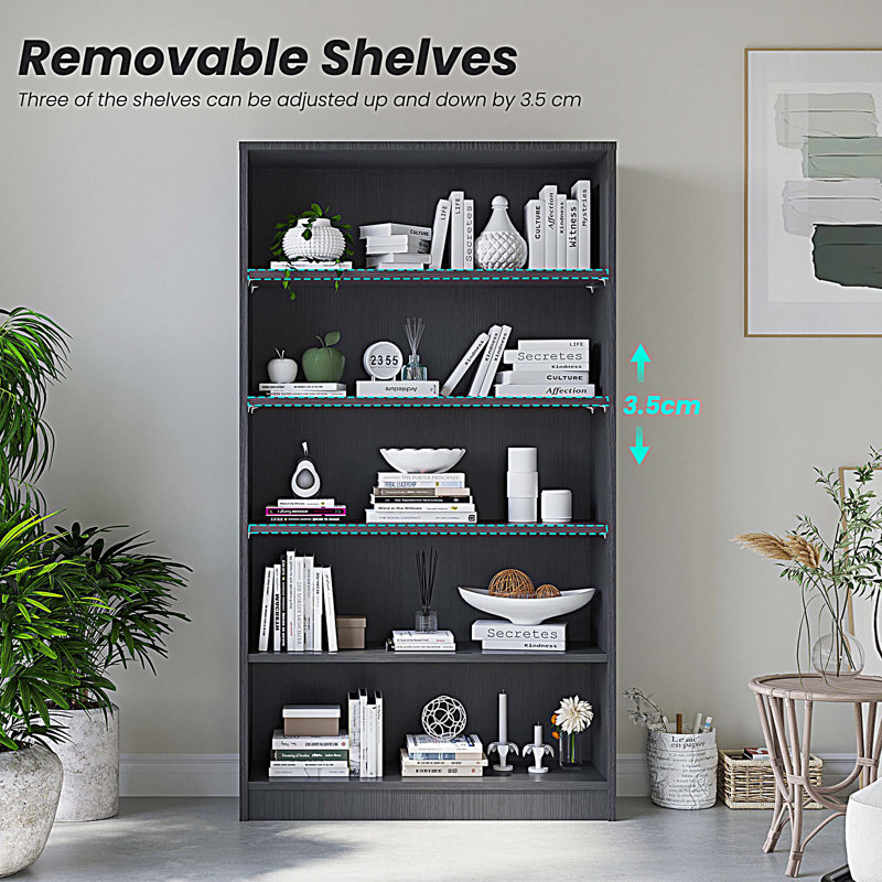 5 Tier Bookcase Modern Wood Bookshelf, Gray, (5 Shelves) 59.8"H x 33"W x 11.6"D