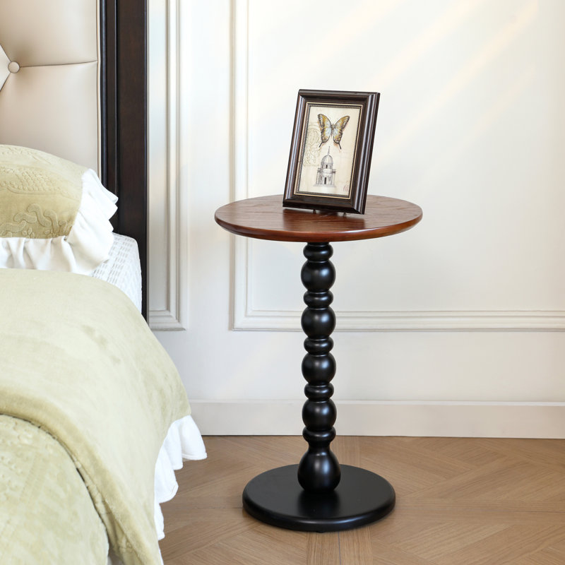 Solid Wood Round End Table,Side Table,Night Stand, Brown Wood, Black