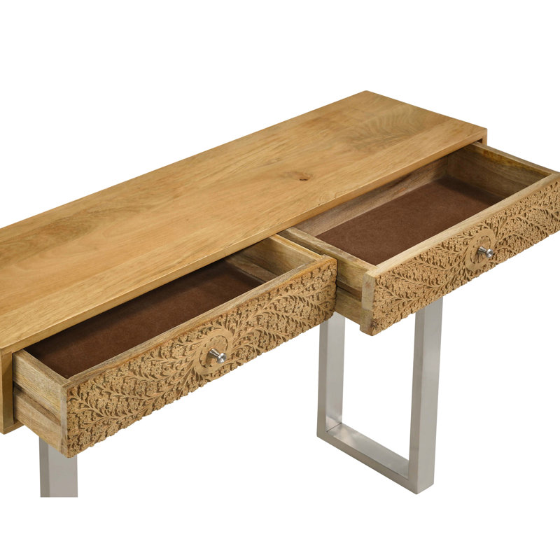 Console à 2 tiroirs naturelle et argentée, base de style traîneau moderne, poignées à prise facile, conception rectangulaire, console Harmony de 12 pouces de profondeur, tons de bois mélangés avec des accents, base rehaussée