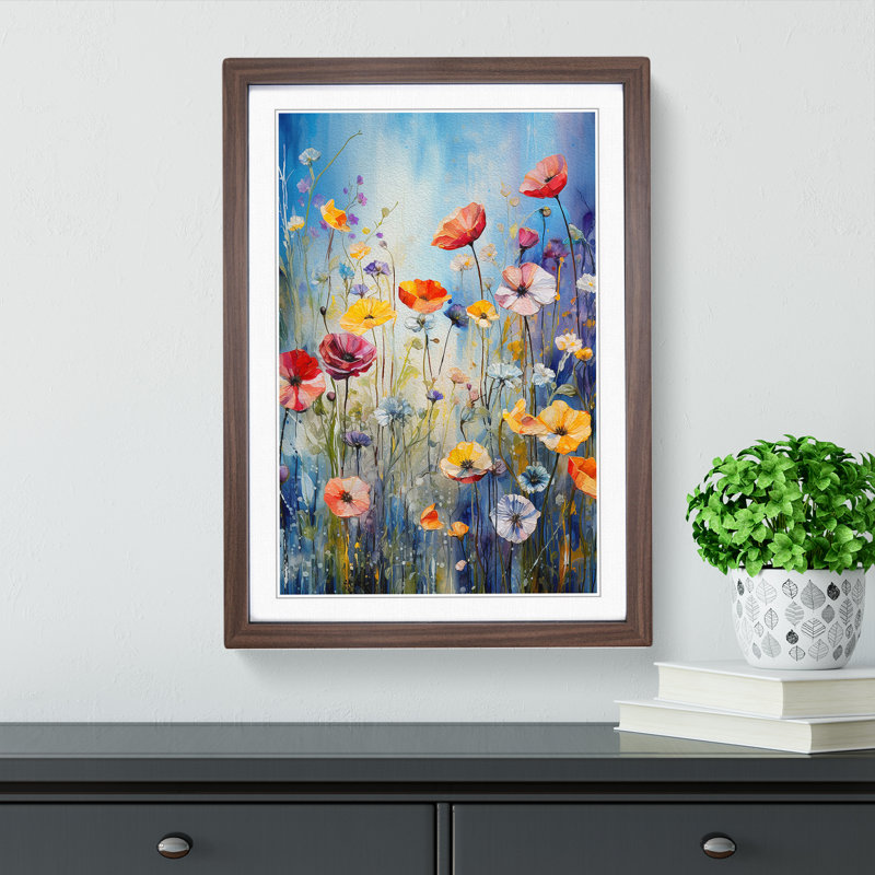 Wildflowers Tachisme Art - Framed Print, 64cm H x 46cm W, Walnut Framed