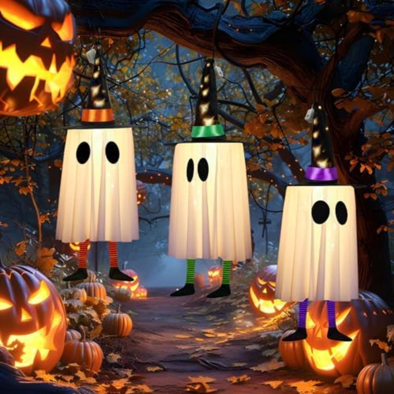 Décorations d'Halloween en plein air, ensemble de 3 décorations suspendues d'Halloween avec capuchons coniques, effets d'éclairage multiples, joli chapeau pointu lumineux pour la cour de la cour