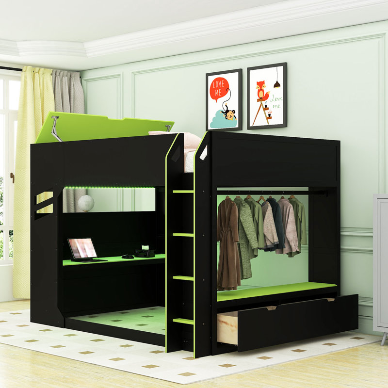 Lit mezzanine double avec bureau réglable et éclairage RVB, Green