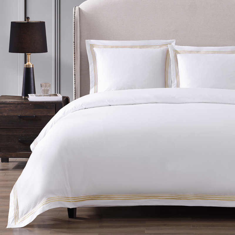 Triple Luxe Sateen Duvet Cover Set , White/Gold, King Duvet Cover + 2 King Shams