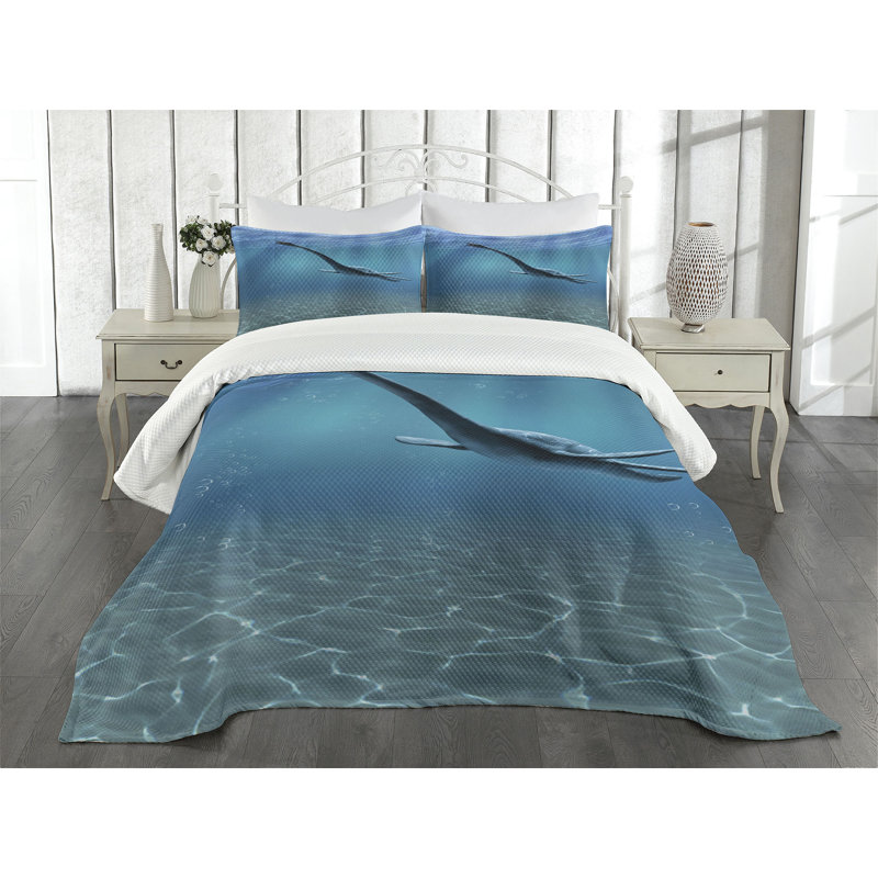 Ambesonne Blue Bedspread Set Aquatic Dinosaur Blue, King Coverlet / Bedspread + 2 Standard Shams