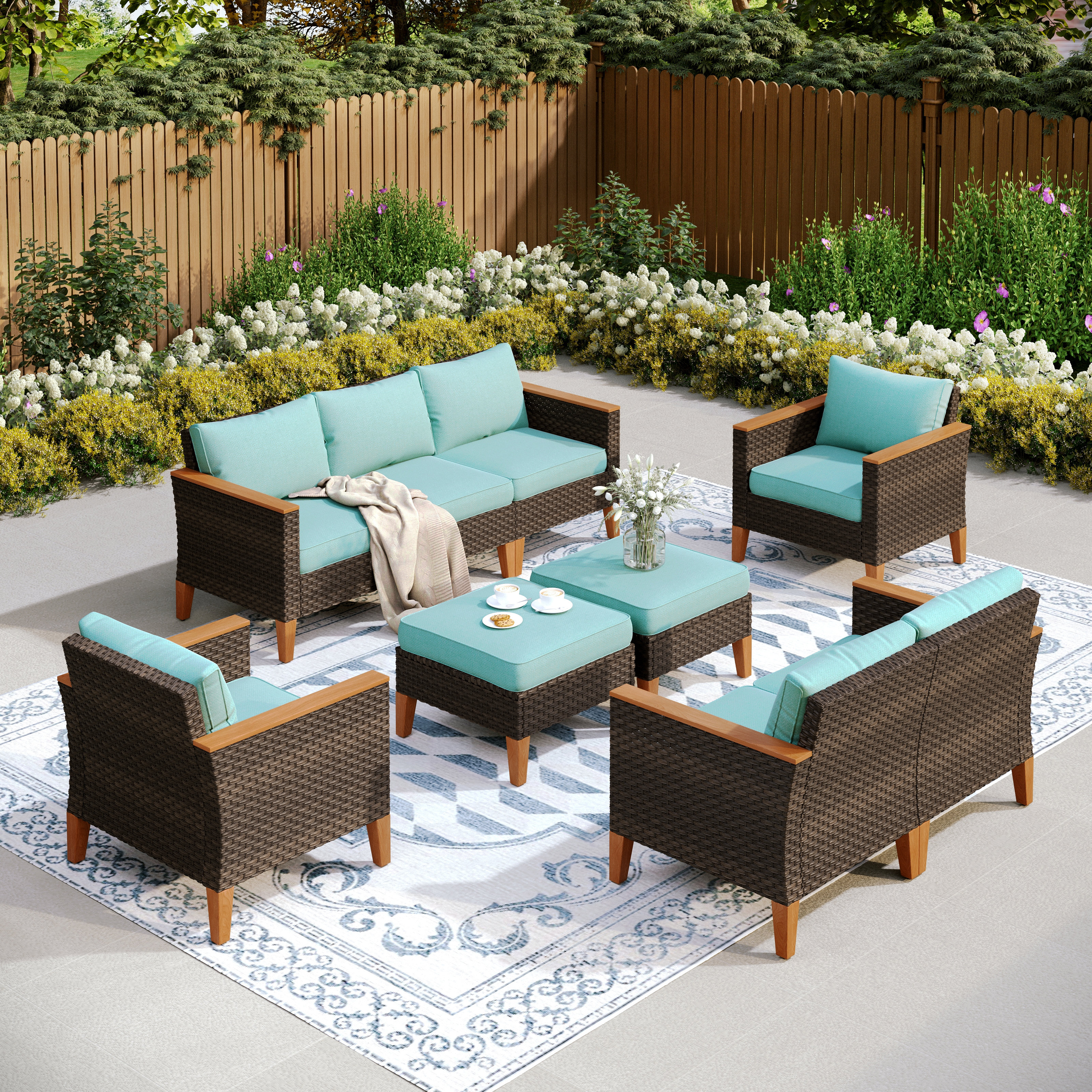Lark Manor Argyri 9-Piece Wicker Outdoor Patio Conversation Furniture Sectional Set with Fire Pit Table & Reviews | Wayfair