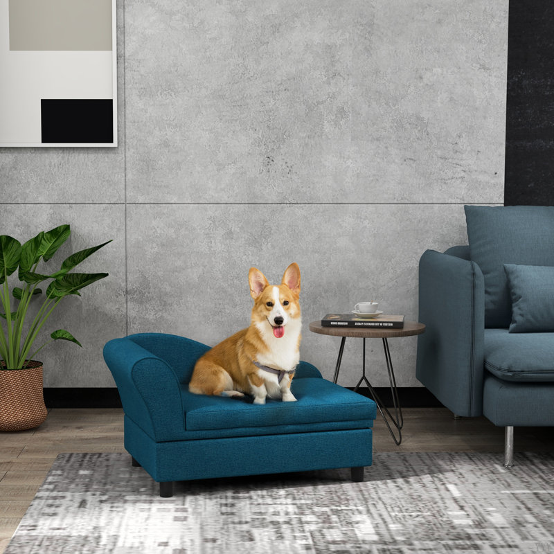 Pawhut Pet Sofa, Dog Couch, Elevated Pet Bed For Small And Medium Dogs, With Hidden Storage, Soft Tufted Cushion, Blue