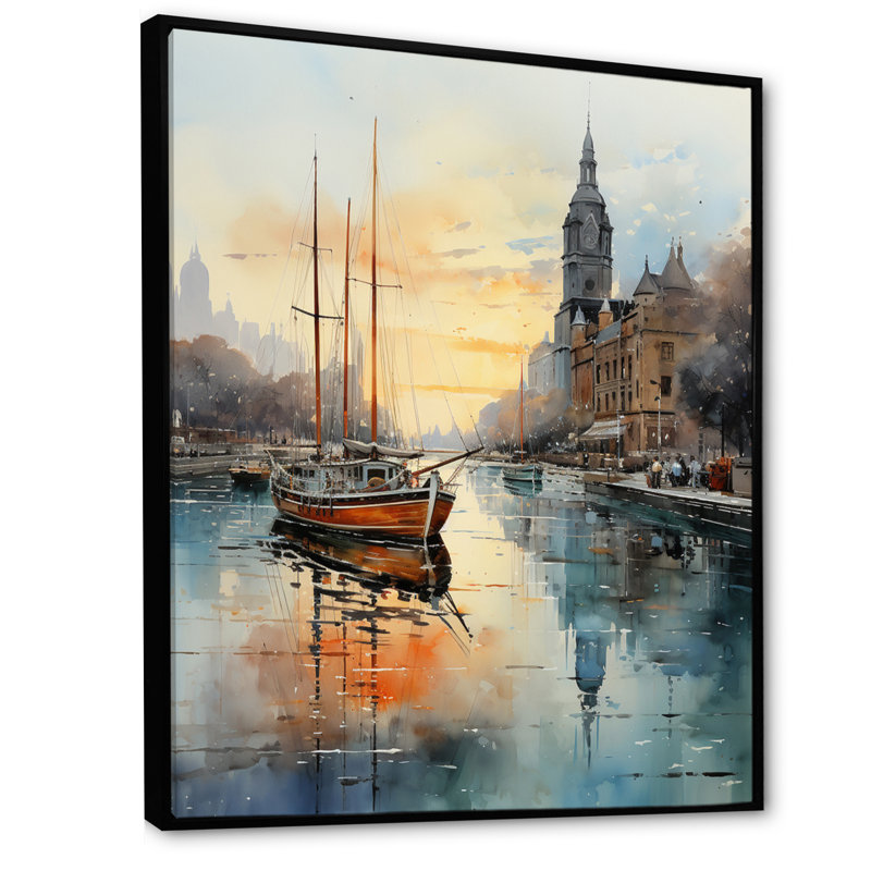 Impression sur toile Kordale, sarcelle jaune, New York Harbor Twilight, H 40 po x l 30 po x P 1,5 po, Cadre flottant noir