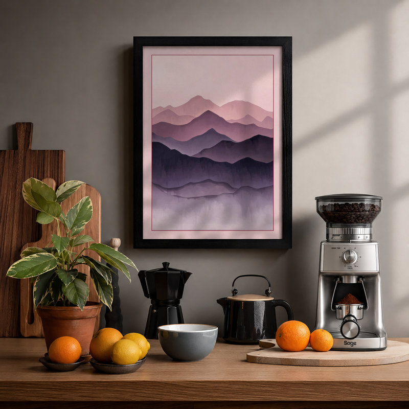 Mountains at Dusk Scandinavian - Framed Print, A2 - 59.4 x 42.0 cm, Black