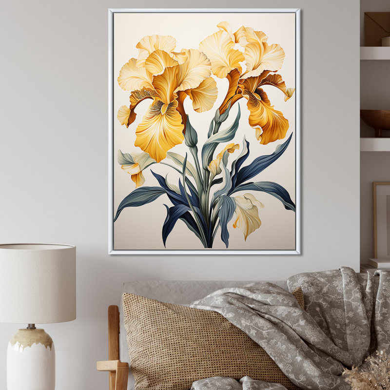Illustration rétro d'iris dorés sur toile, H 32 po x l 16 po x P 1 po, Cadre flottant blanc