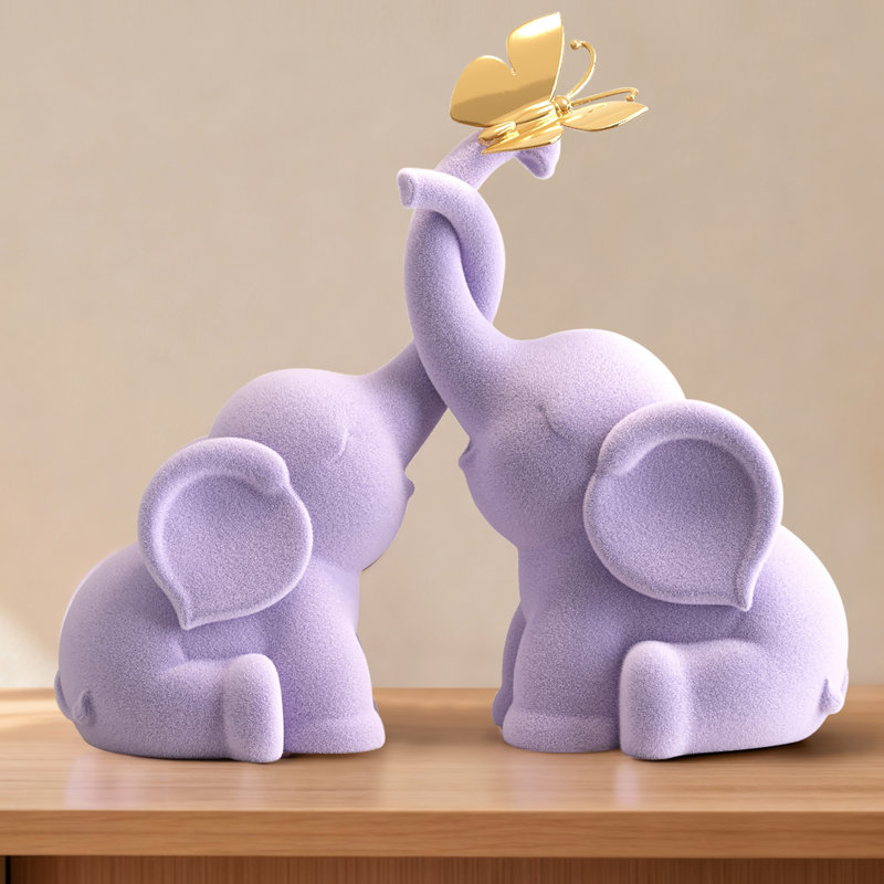 Figurine éléphant mauve 9,5 "avec papillon - Décoration romantique pour la maison