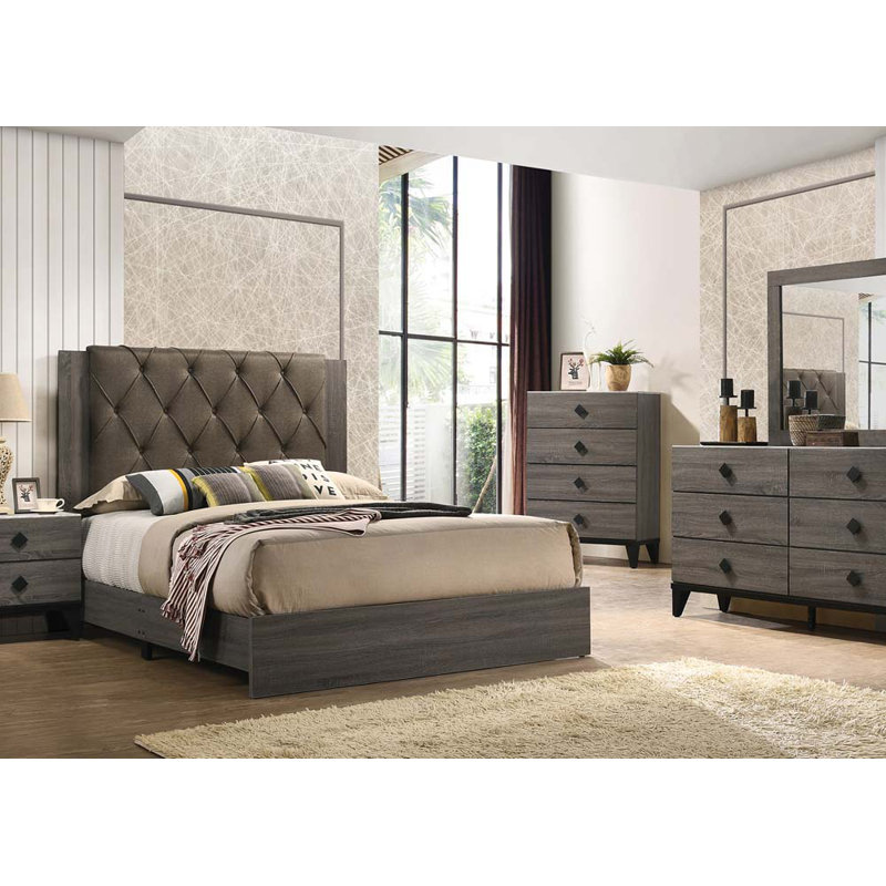 Lit capitonné standard Mcbecen, Grand, Crème/gris