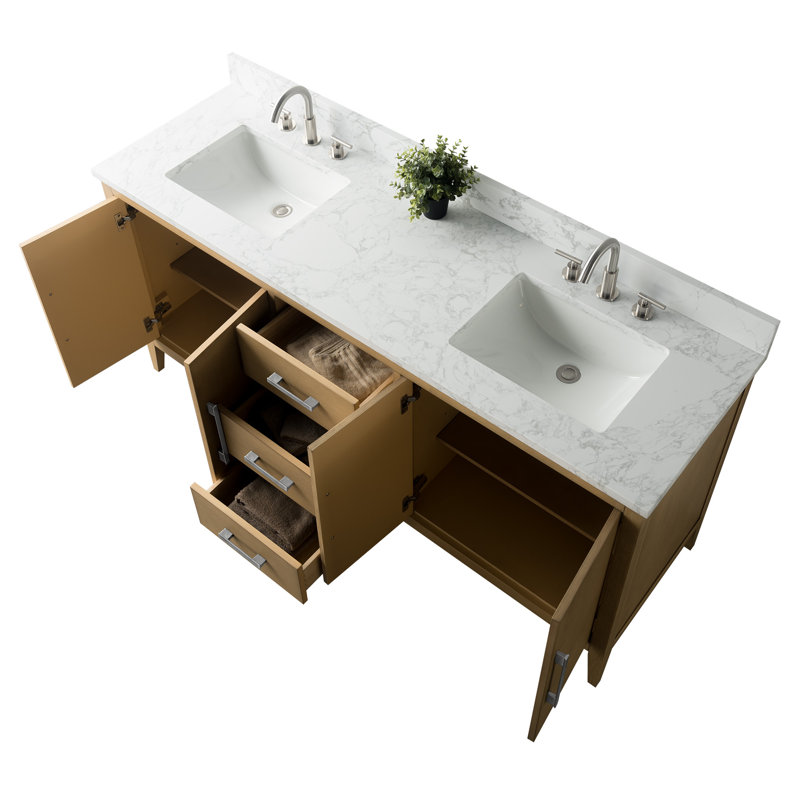 Chambery 72" Double Sink Bathroom Vanity with Engineered Marble Top, Brushed Nickel, Natural Oak