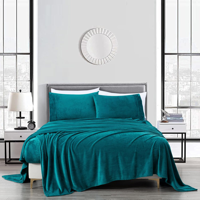 Soft Fleece Sheet Set, Queen Sheet Set with 2 Pillowcases, Teal
