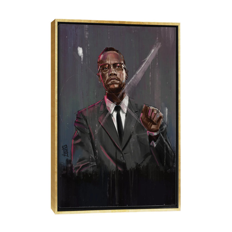 « Malcolm X » par Gordon Rowe-impression, Toile encadrée d'or, Pas de tapis, H 26 po x l 18 po x 1,5 po