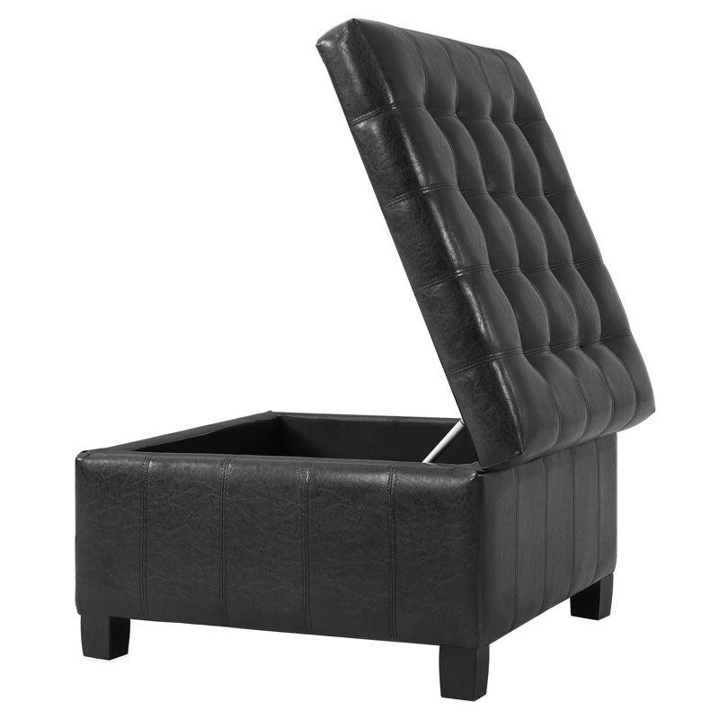 PU Storage Ottoman With Rubber Wood Legs, Square Tufted Indoor Ottoman With Lift-Top Storage, Black
