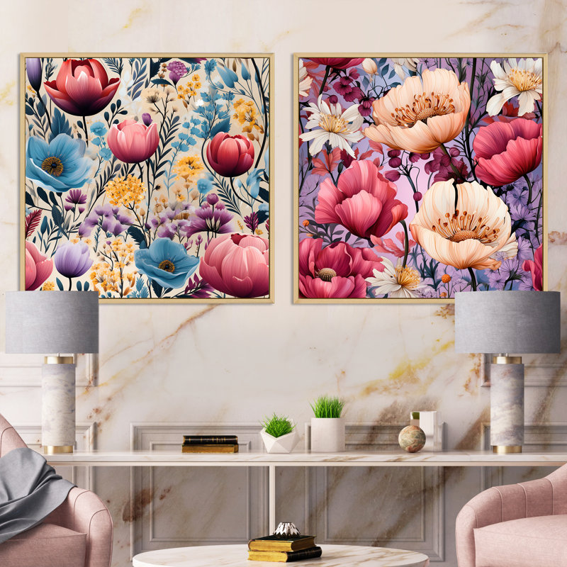 Cyprien - Ensemble de 2 collages carrés floraux, H 16 po x l 33 po, Cadre flottant brun