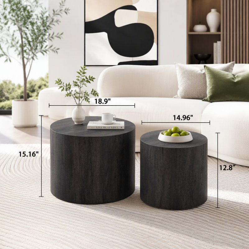 Ensemble de 2 tables basses gigognes rondes en bois, Black Woodgrain