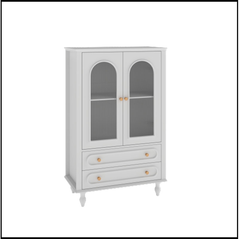 Vitrine avec portes en verre nervuré, 2 tiroirs et tablette réglable, White