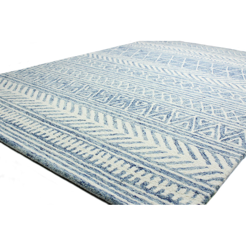 Handmade Blue and White Wool Tufted Rectangular Rug