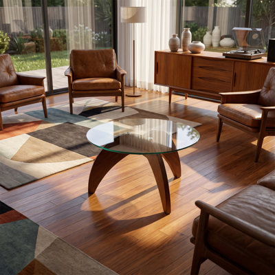 Circular Coffee Table, Tempered Glass Top With MDF Base, Claw-Foot Design, Creative Retro End Table, Mid-Century Modern Style, Clear & Walnut
