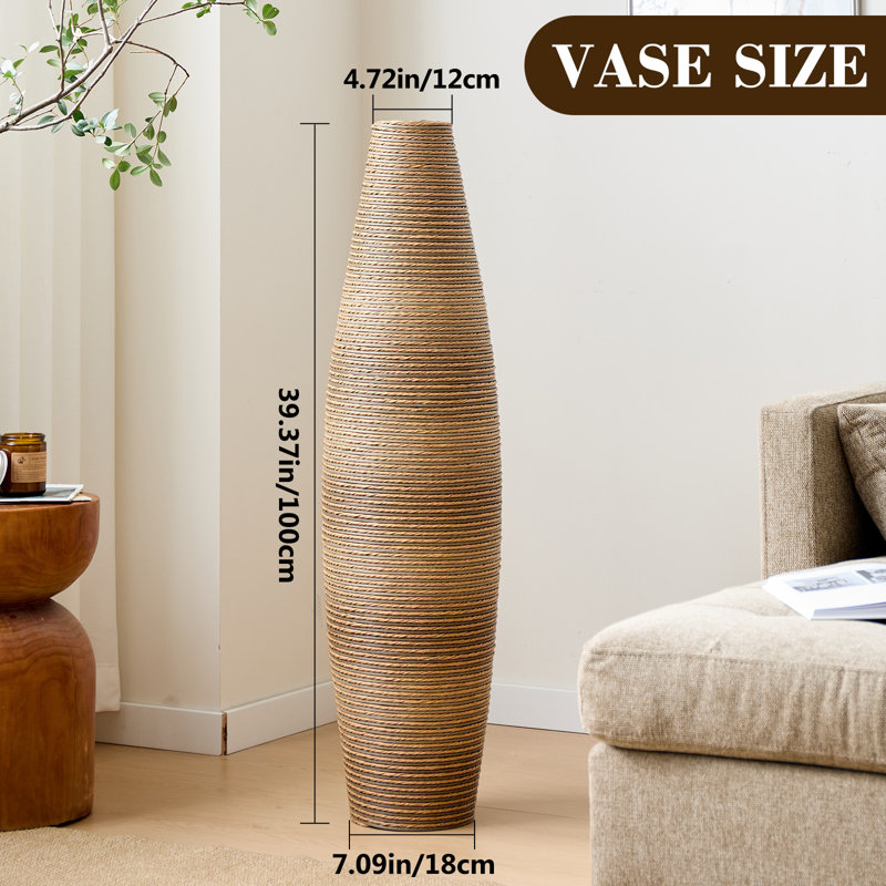 39.4" Tall Floor Vase, Handcrafted PVC, Natural Rattan-Like Textured Beige, Large Decorative Vase for Entryway, Living Room, Boho Home Decor, No Flowers Included
