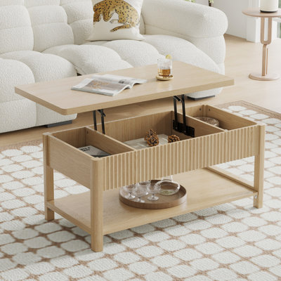 Table basse à plateau relevable de 39 po, table centrale cannelée à 2 niveaux avec espace de rangement caché et tablette ouverte, table à thé rectangulaire moderne en bois convenant au salon, au bureau personnel