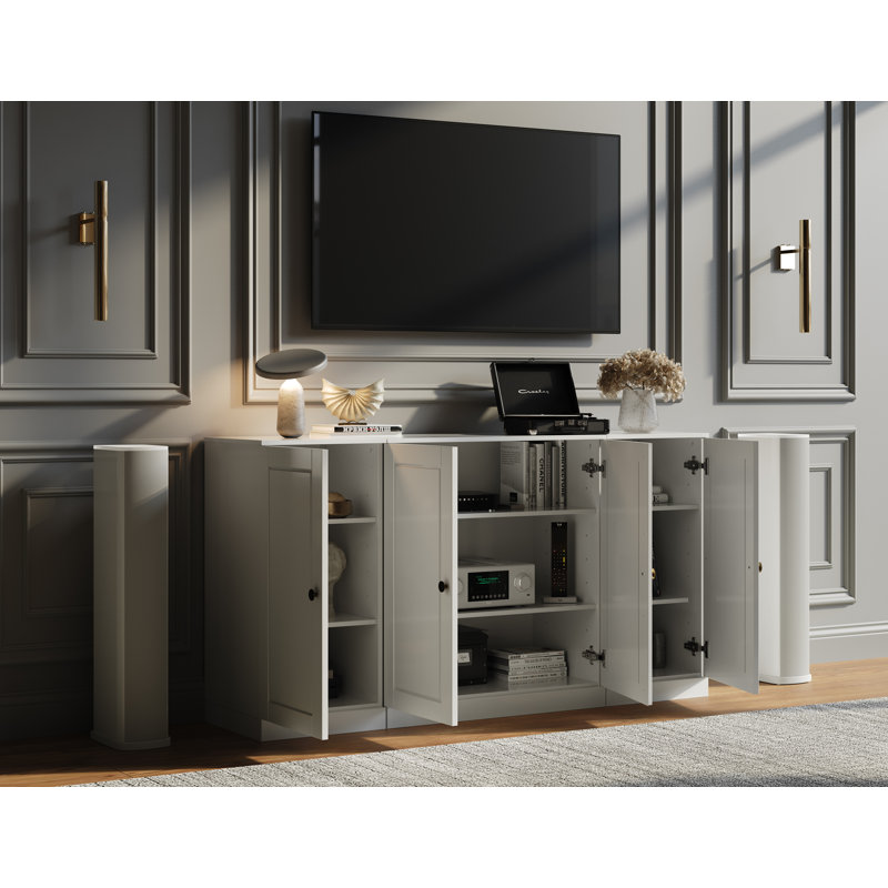 Meuble télé 100% bois massif, console de 65 po de large avec portes à panneau surélevé et rangement, Blanc