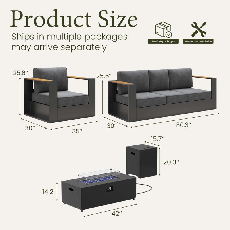  Outdoor Oversized Aluminum 4-piece Conversation Set With Firepit Table And 6-inch Cushion, 4 Pcs: 2 Chairs, Fire Pit, Sofa