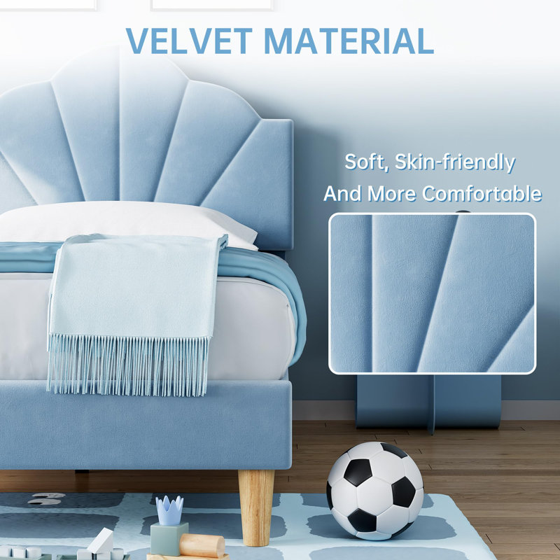 Twin Bed Frame, Velvet Upholstered Platform Bed Frame With Height Adjustable Headboard, Blue