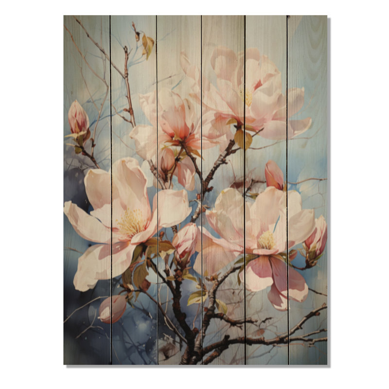 Magnolias blanc et rose sur fond blanc, H 40 po x l 30 po x P 0,78 po