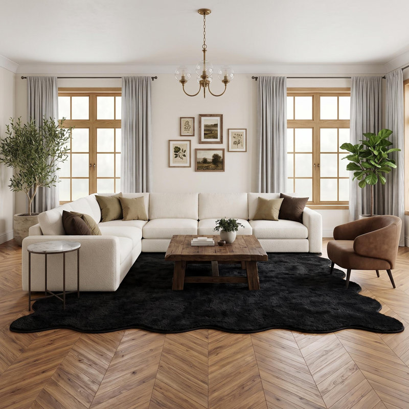 Tapis lavable antidérapant en molleton festonné pour le salon et la chambre, 10 x 13 pi (noir)