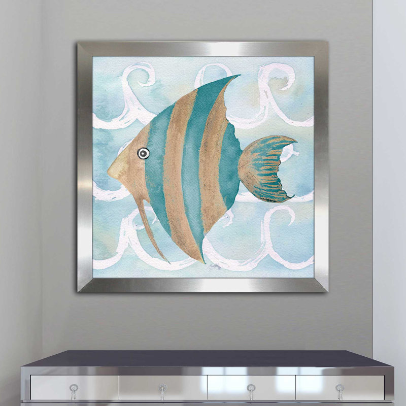 «Sea Creatures on Waves IV», reproduction de peinture à l'aquarelle, H 31,5 po x l 31,5 po x P 1 po, Encadrement argenté