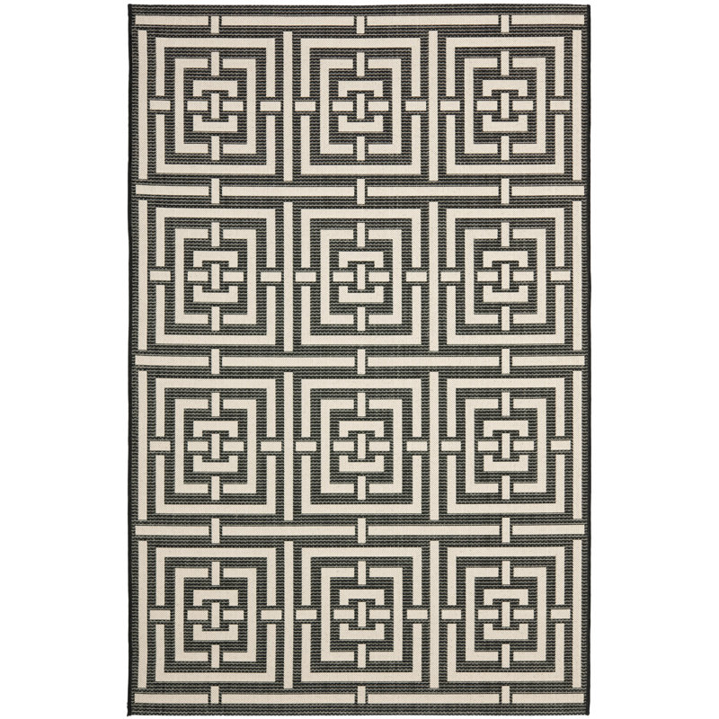 Arneshia Geometric Black/Beige Indoor/Outdoor Area Rug, Rectangle 4' x 5'7"