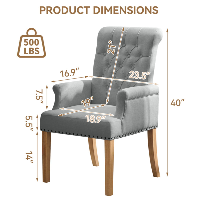 Tufted Upholstered High Back Dining Armchair, Linen, Light Gray Linen