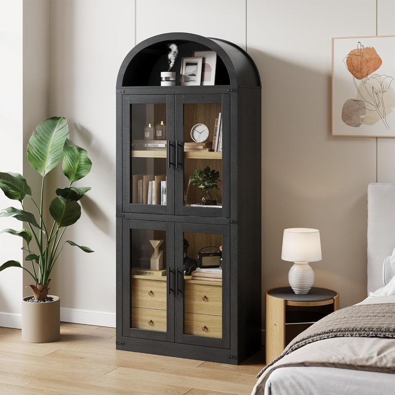 Arched Farmhouse Bookcase with Glass Doors & Drawers - 71" Tall Wooden Display Cabinet, 15.8" Deep Storage Shelves, Black