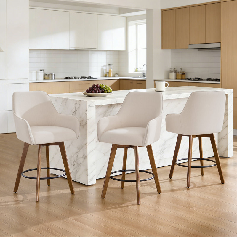25" Swivel Full Back Counter Height Bar Stools with Solid Wood Frame & Arms (Set of 3), 3, White