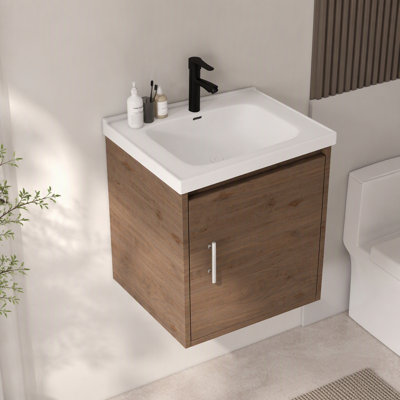 Ensemble de meuble-lavabo flottant mural 20 po, armoire en contreplaqué mural avec lavabo en céramique et portes à fermeture en douceur pour petites salles de bain, brun