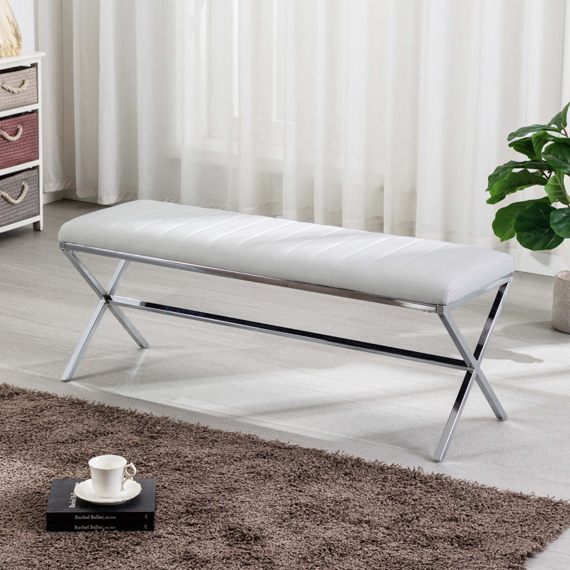 Upholstered Bench, White/Silver