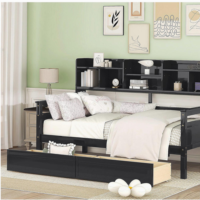 Day bed, wooden bed frame, with bedside table and two drawers, Espresso, Twin